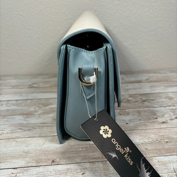 Angel Kiss Purse 10" Blue Leather Structured Colorblock Crossbody Shoulder Strap - Picture 4 of 11